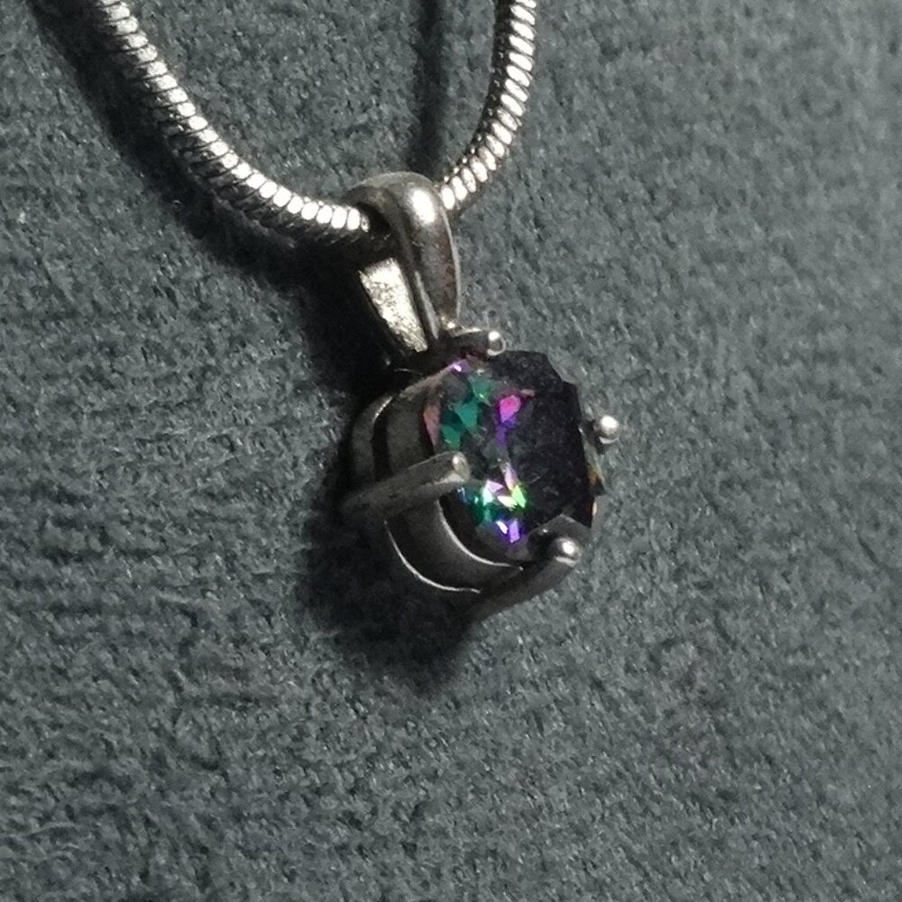 Stunning Mystic Peacock Rainbow Topaz Round Cut Pendant Sterling Silver Necklace